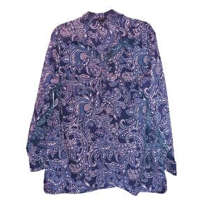 Lands' End Navy Paisley Cotton Long Sleeve Tunic Size L Momcore Officewear